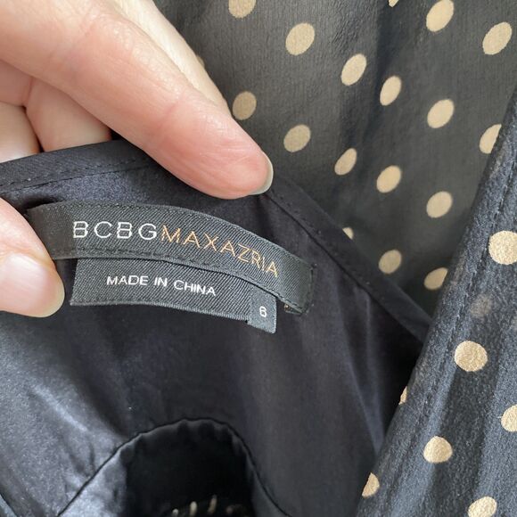 BCBG maxazria 100% Silk Size 6 Short Sleeve Black W/ Brown Polka Dots Dress - Picture 4 of 7